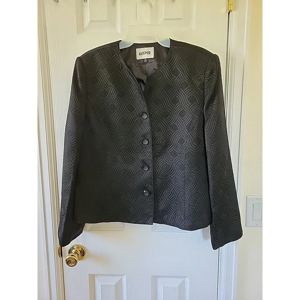 Kasper Jacket Blazer Size 16‎ Black Long Sleeve 4 Button Lined Quilted Business
